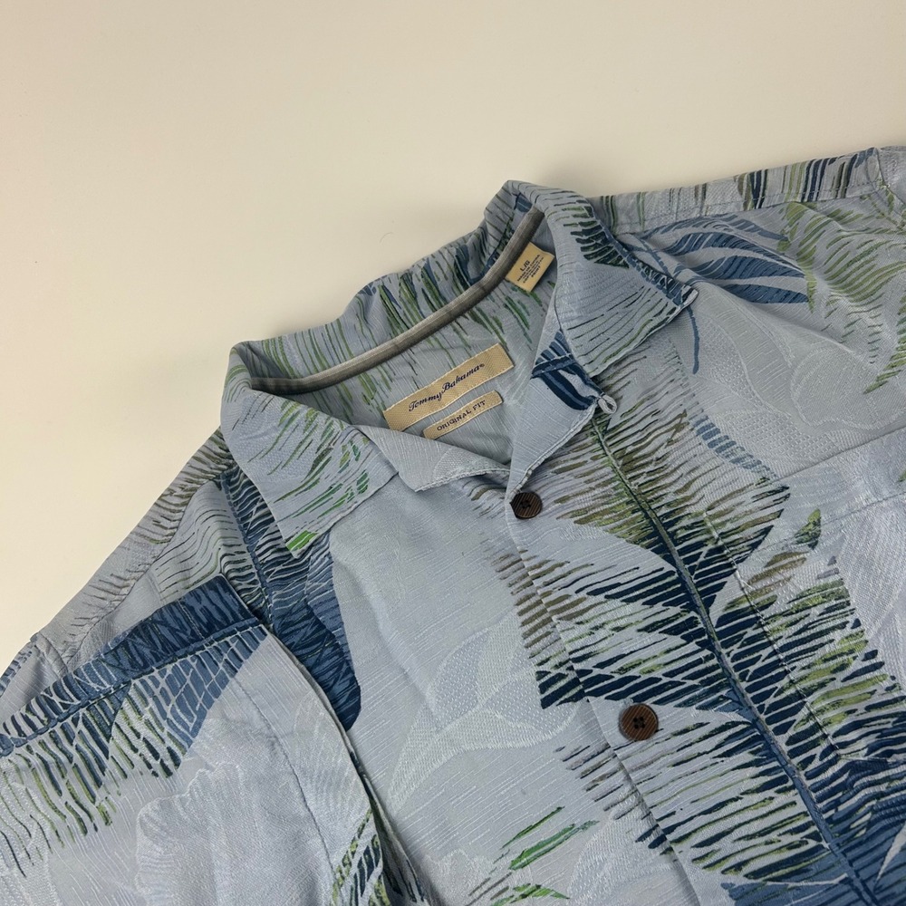 Tommy Bahama Mens L Blue Tropical Palm Leaf 100% Silk Boho Camp Shirt Original